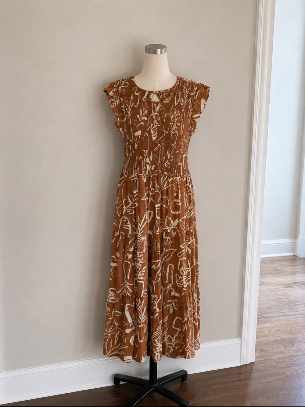 Smocked Rust Floral Midi Dress with Flutter Sleeves - Women